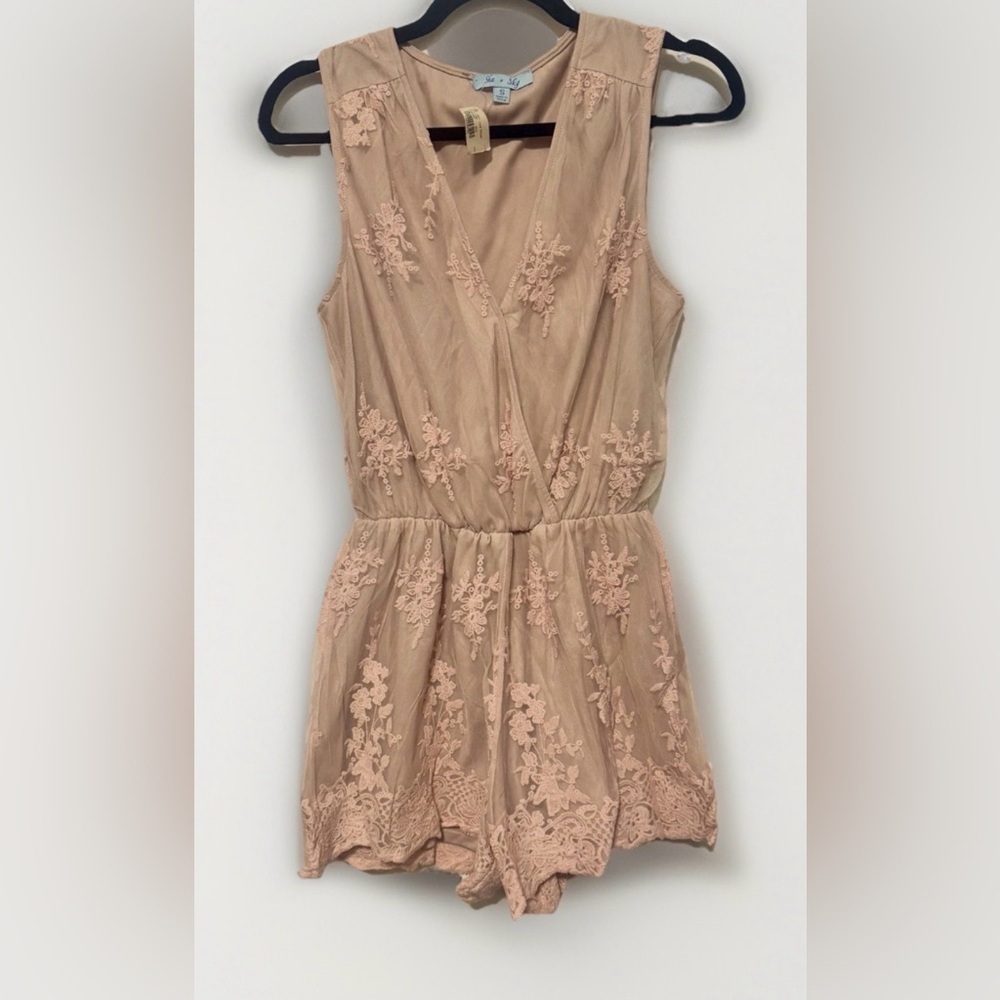 NWT She + Sky Romper Pink Floral Embroidered Small Flowers Shorts Boho Flowy